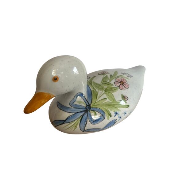 None and/or Unknown Other - Vintage N.S. Gustin Ceramic Duck Figurine – Hand-Painted Floral with Blue Bow